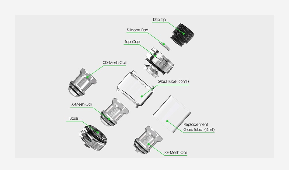 Ample Amp-X Subohm Tank 6ml Drip Silicone pad Top Cap XD Mesh Col Glass lupe omD XMesh C Glass Tube 4 XE Mesh Coil