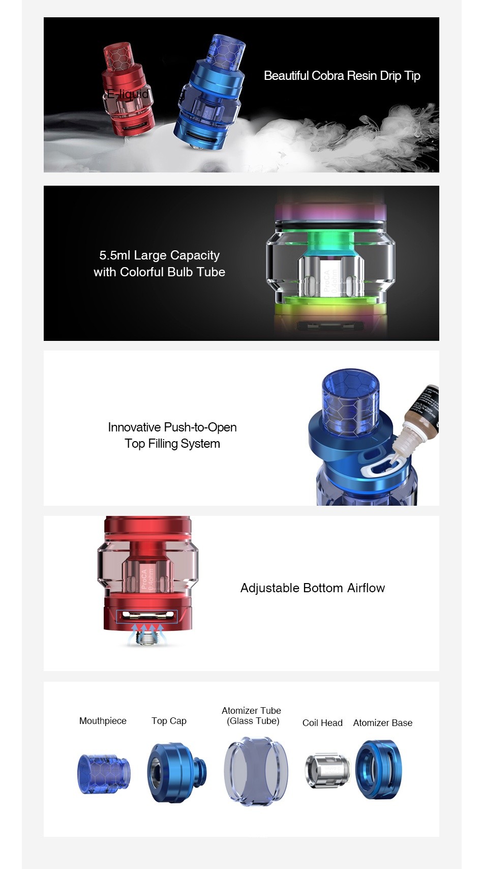 Joyetech ProCore Air Plus Atomizer 5.5ml Beautiful Cobra Resin Drip Tip 5 5ml Large Capacity with Colorful bulb tube Innovative Push to Open Top Filling System Adjustable Bottom Airflow tomizer tube Mouthpiece Top Cap Glass Tube Coil head Atomizer base