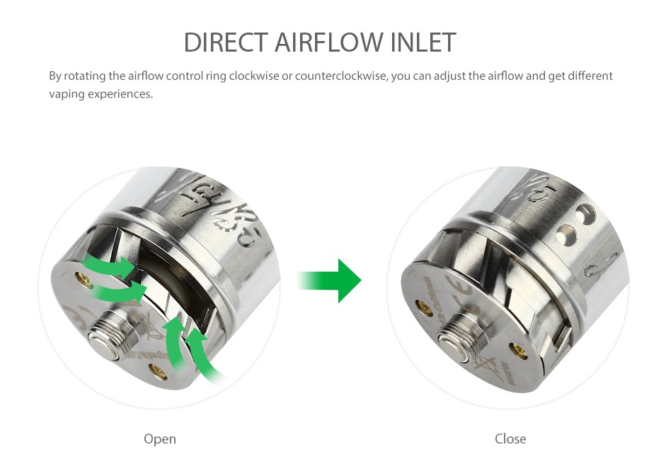 WISMEC Reux Atomizer Kit 6ml DIRECT AIRFLOW INLET By rotating the airflow control ring clockwise or counterclockwise you can adjust the airflow and get different Vaping experiences Clos