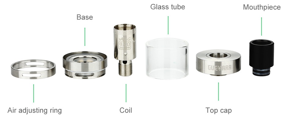 VapeOnly Guevara Subohm Atomizer 2.5ml Glass tube Mouthpiece Air adjusting ring Co Top cap