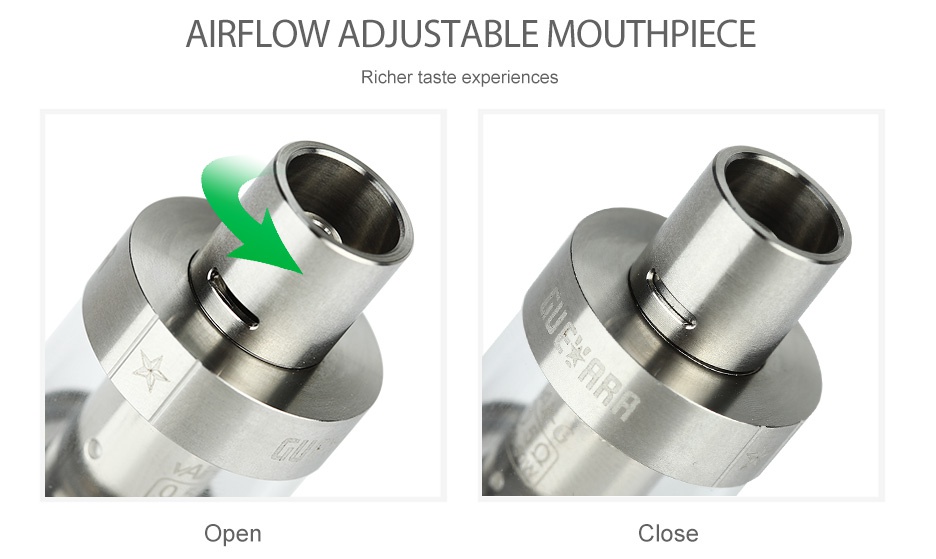 VapeOnly Guevara Subohm Atomizer 2.5ml AIRFLOW ADJUSTABLE MOUTHPIECE Richer taste experiences Open Close