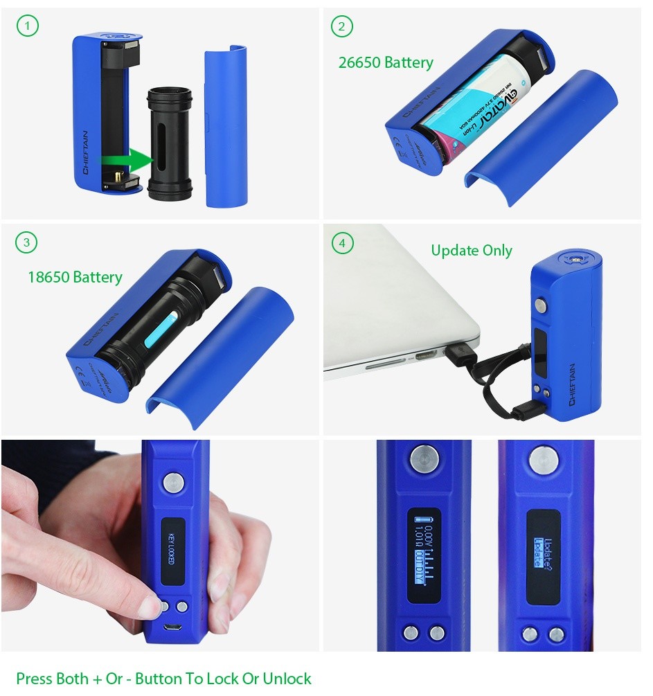 WOTOFO Chieftain 80W TC BOX MOD 26650 Battery date Only 18650 Battery Press both Or Button To lock or unlock