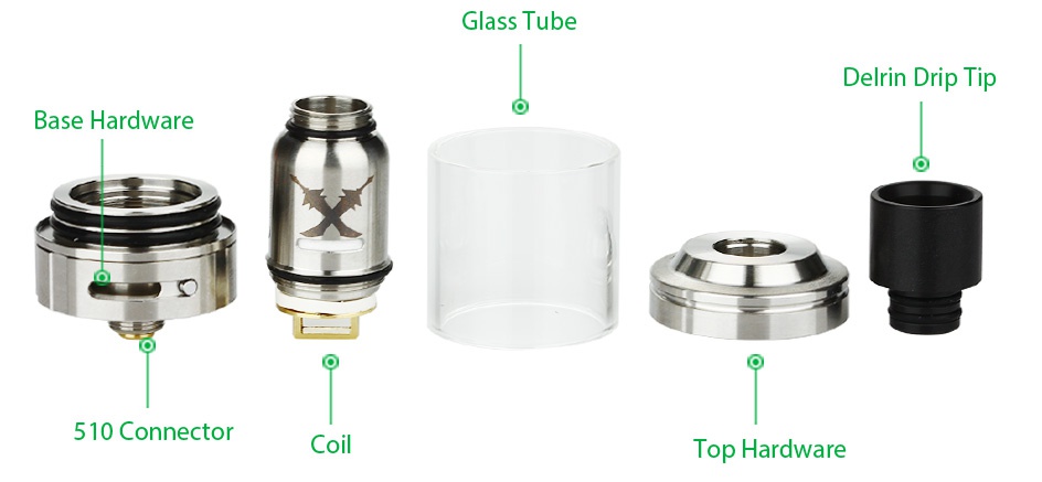 Tesla Blade 24 RTA Tank Glass Tube Delrin Drip tip Base hardware 510 Connector Coil Top Hardware