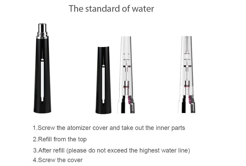 Beyang H-legend-7 VV Kit The standard of water 1 Screw the atomizer cover and take out the inner parts 2  Refill from the top 3  After refill please do not exceed the highest water line 4 Screw the cover