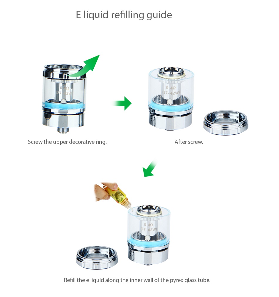 Beyang H-legend-7 VV Kit quid refilling guide Screw the upper decorative ring After screw Refill th long the ner wa f the pyrex glass tube