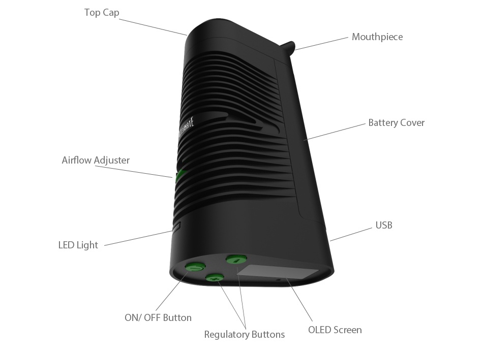 Vivant Alternate Loose Leaf Vaporizer C Mout Battery c Airflow Adjuster USB ED Light ON OFF Button Regulatory Buttons OLED Scree