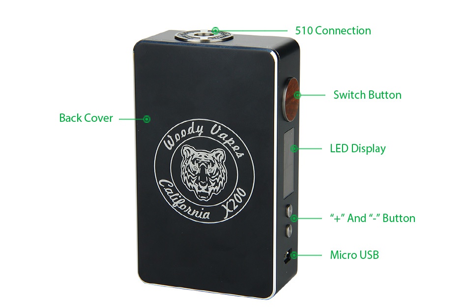 Woody Vapes Stabilized Wood X200 TC Box MOD 510 Connection Switch button Back cover LED Display And Button Micro usB
