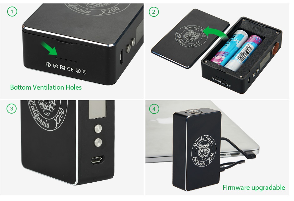 Woody Vapes Stabilized Wood X200 TC Box MOD Bottom ventilation holes Firmware upgradable