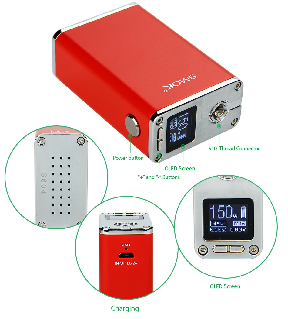 SMOK R150 TC MOD 1900mAh 510 Thread connector Power button OLED Screen and Buttons 150 R 5 NPUT IA 2A OLED Screen Charging