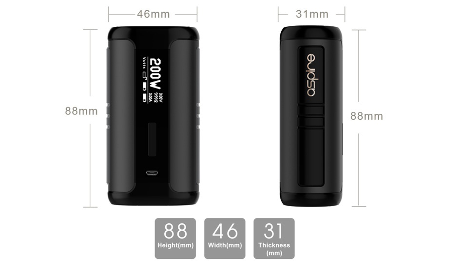 Aspire Speeder 200W TC MOD 46mm 31mm 88mm 88mm 884631 Height mm Width mm Thickness