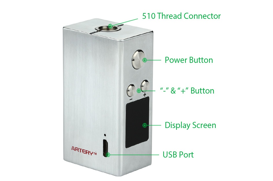 Artery Nugget V2 50W TC Box MOD 1500mAh 510 Thread connector ower button  t Button Display screen A USB Port