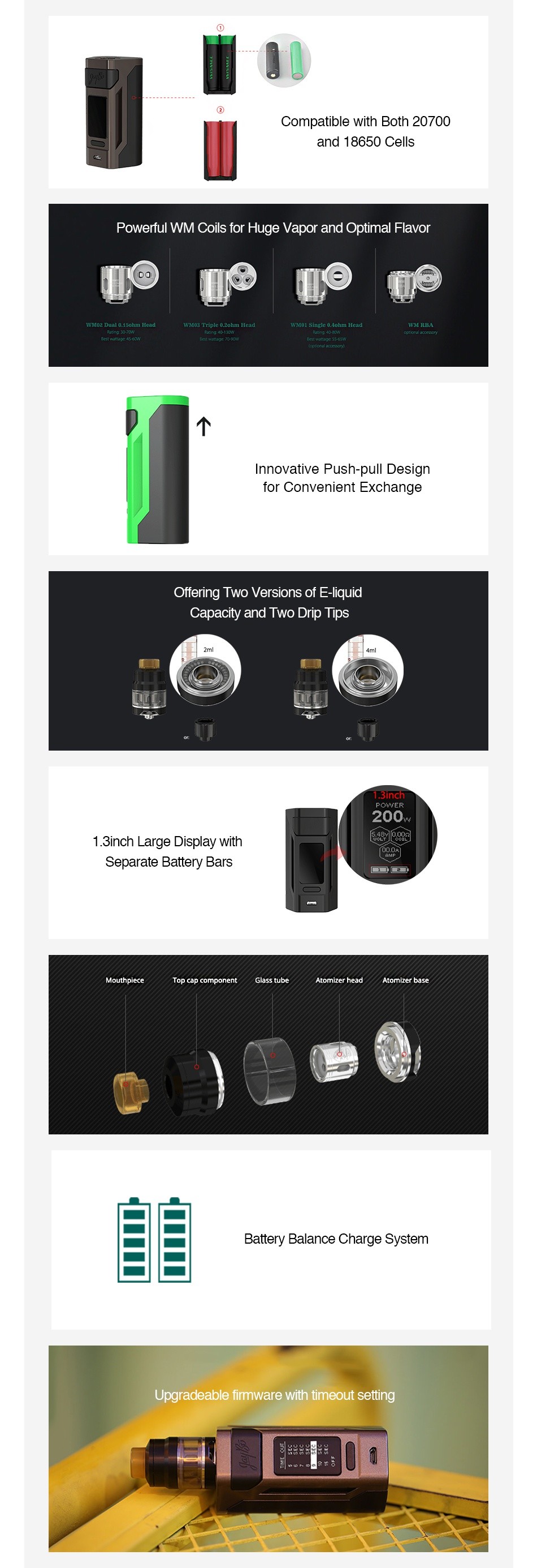 WISMEC Reuleaux RX2 20700 200W TC Kit with Dual Ampking 20700 Batteries 6000mAh Compatible with Both 20700 and 18650 Cells Powerful WM Coils for Huge Vapor and Optimal Flavor for Convenient EXchange Offering Two Versions of E liquid Capacity and Two Drip T ip 200 1  3inch Large Display with Separate Battery Bars Atomizer he   Battery Balance Charge System Upgradeable firmware with timeout setting HEBIa