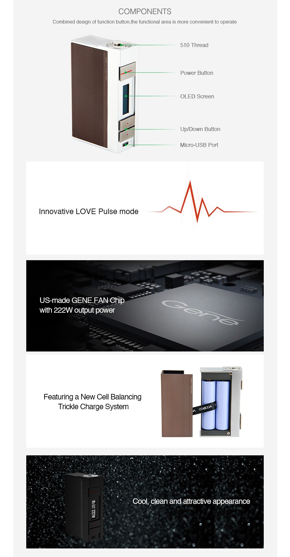 VOOPOO Alpha One 222W TC Box MOD COMPONENTS Combined design of function button the functional area is more convenient to operate 510 Thread OLED Screen Up Down Button Innovative love Pulse mode US made GENE FAN Chip with 222W output power maturing a New Cell Balancing Trickle Charge Syster Cool clean and attractive appearance