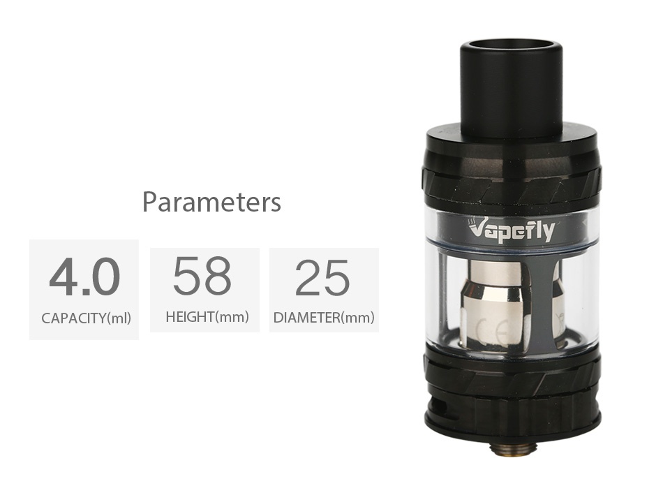 Vapefly Fantasy Mini Subohm Tank 4ml Parameters GET 405825 CAPACITY m HEIGHT mm DIAMETER mm