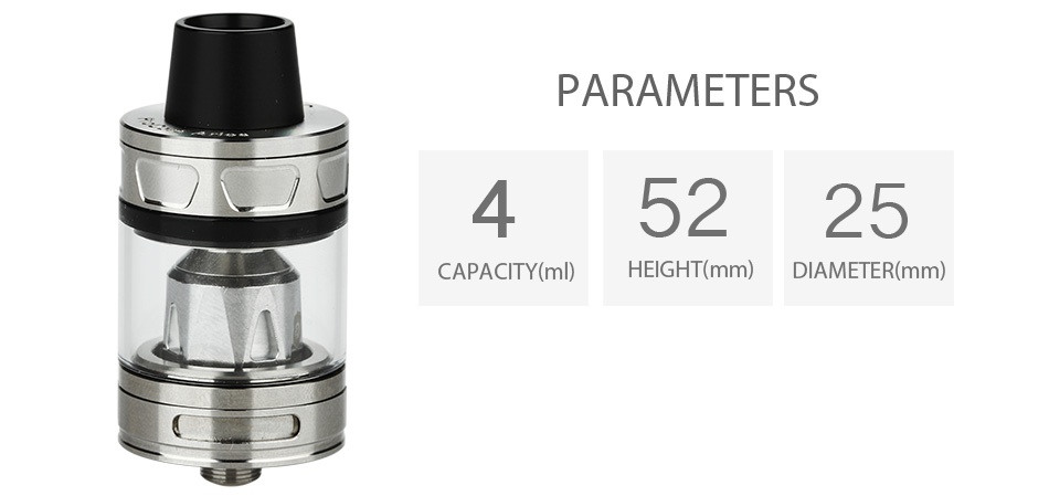 Joyetech ProCore Aries Atomizer 2ml/4ml PARAMETERS 45225 CAPACITY ml HEIGHT mm DIAMETER mm