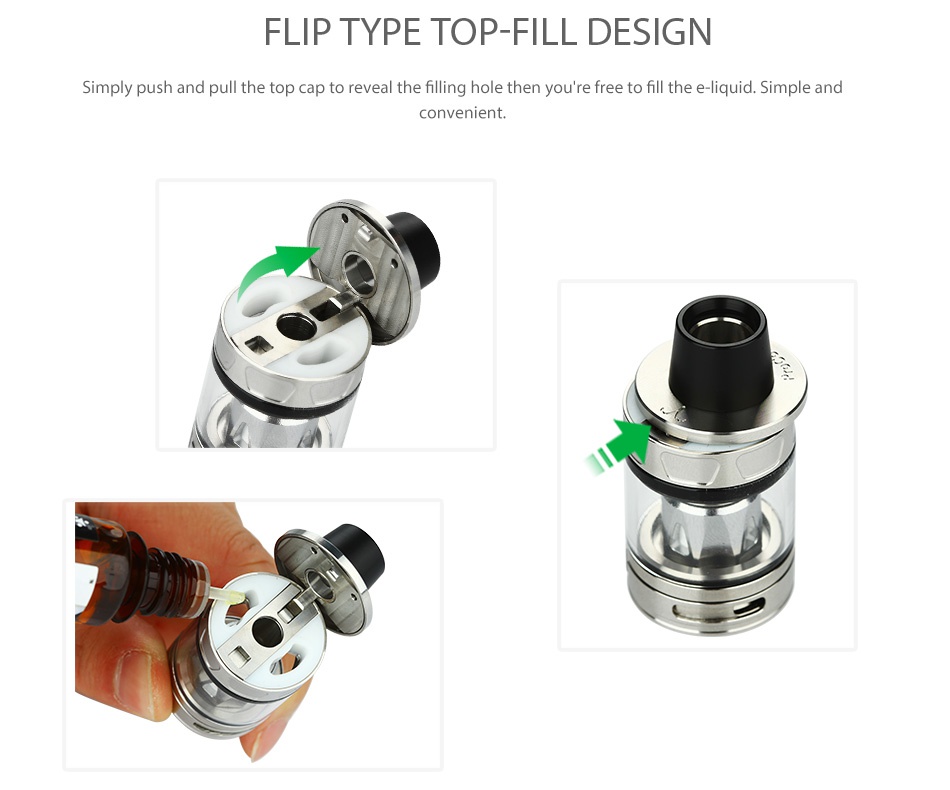 Joyetech ProCore Aries Atomizer 2ml/4ml FLIP TYPE TOP FILL DESIGN Simply push and pull the top cap to reveal the flling hole then you re free to fill the d Simple and convenient