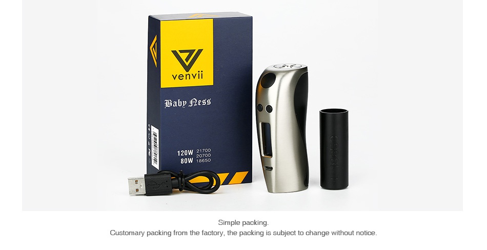 Venvii Baby Ness 120W 21700 TC Box MOD ventIl ab Customary packi n the factory the packing is subject to change without notice