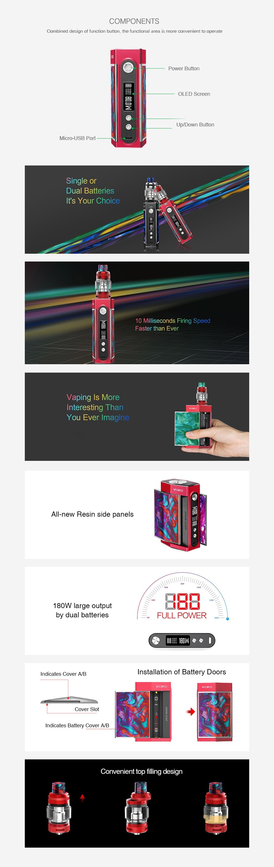 VOOPOO TOO Resin 180W TC Kit with UFORCE T1 COMPONENTS Combined design of tunction button the functional area is more convenient to operate OLED Scrccn Up Down Butto Micro LISR Port Single or Dual batteries It s Your Choice 10 Milliseconds Firing Speed Faster than Ever Vaping Is More Interesting Than You ever imagine All new Resin side panels 180W large output by dual batteries FULL POWER nd catcs cover A Installation of Battery Doors Convenient top filling design