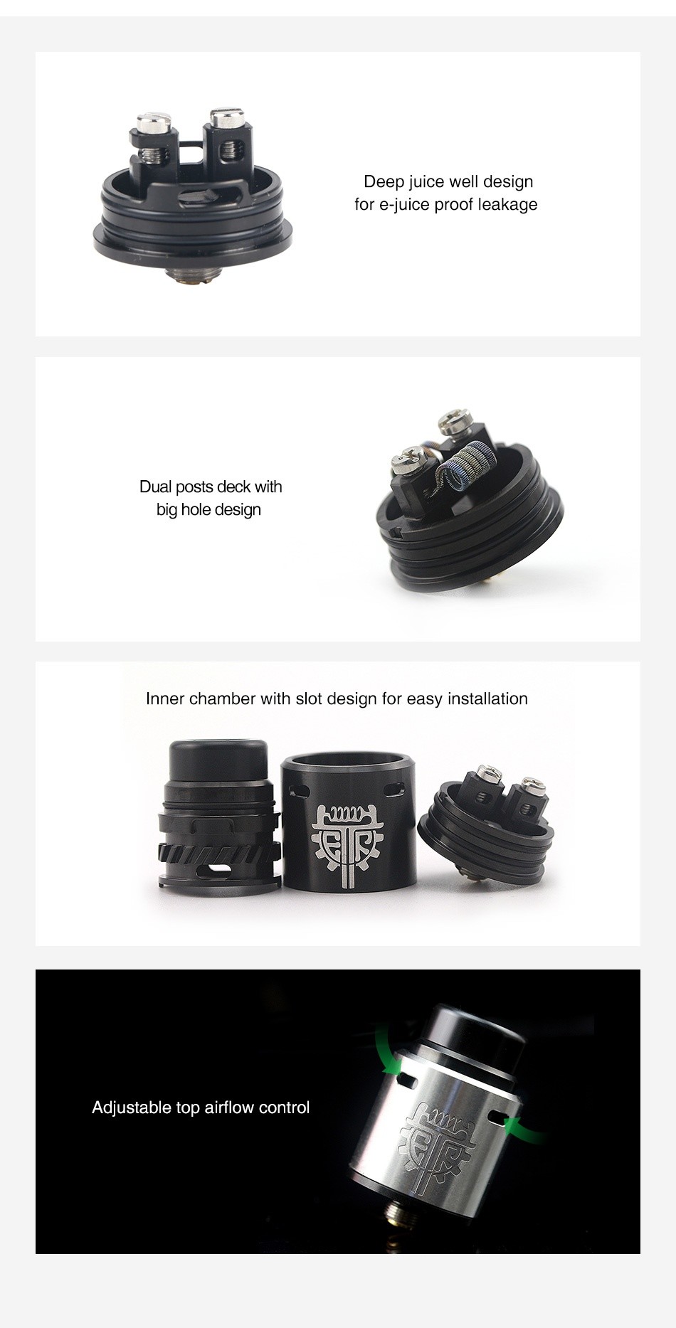 Advken Twirl RDA Deep juice well design for e juice proof leakage Dual posts deck with big hole design Inner chamber with slot design for easy installation 00 Adjustable top airflow control