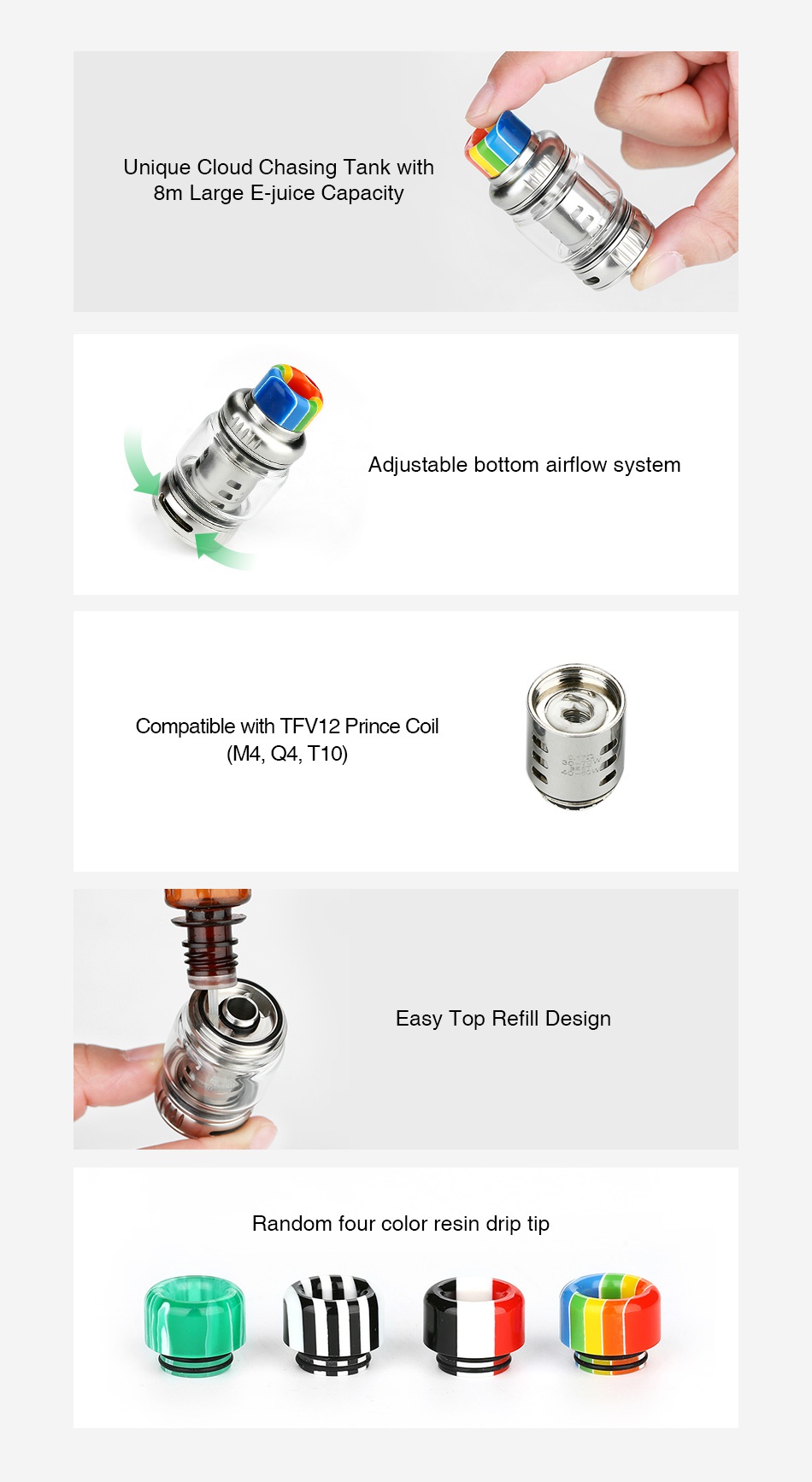 Vapesoon VS12 Super Cloud Tank 8ml Unique Cloud Chasing Tank with 8m Large E juice Capacity Adjustable bottom airflow system Compatible with TFV12 Prince Coil M4 Q4 T10 Easy Top Refill Design Random four color resin drip tip